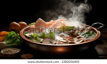 Japanese Nabe Cooking, Steam rises, Close-up of ingredients
