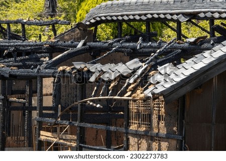 Japanese one-story wooden house burned by fire