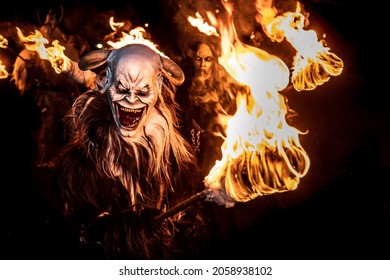 The Japanese Oni Demon Mask Coming Out From Fire