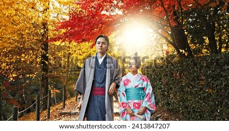 Japanese people in park, walking and traditional clothes with path, nature and sunshine with respect and culture. Couple outdoor together in garden, date or commitment with love, bonding and calm