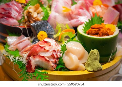 Japanese plate of sashimi with raw seafood