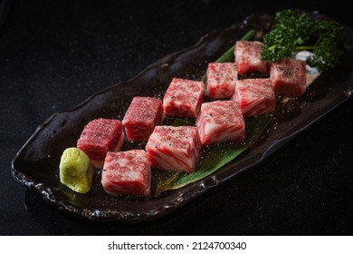 Japanese Premium Wagyu Beef On Black Table