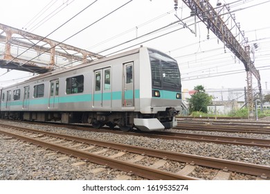 Japanese railway train going on railway.JoBan Line