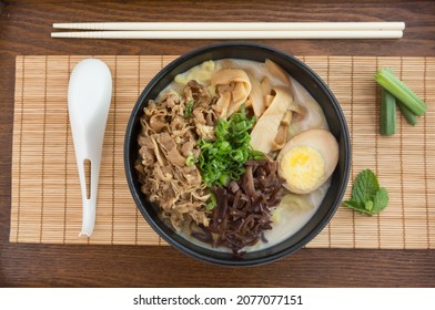 Japanese Ramen With Fatty Beef And Scallion, Bamboo Shoot And Egg