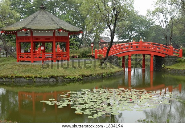 Japanese Red Footbridge Pergola Buildings Landmarks Religion