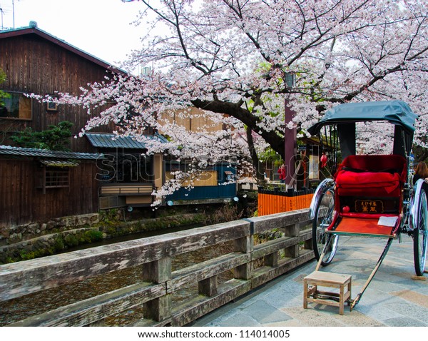 Japanese Rickshaw Sakura Gion District Kyoto Stock Photo (Edit Now