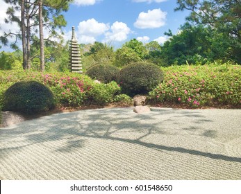 Japanese Rock Garden With Raked Sand