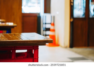 Japanese rustic wooden table made from recycled materials of plastic container with bokeh - Powered by Shutterstock