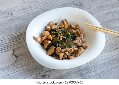 Japanese Salad With A Sea Kale, Chicken Fillet And Boiled Rice