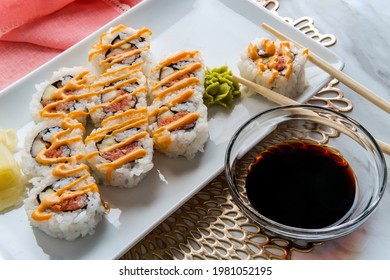 Japanese salmon sushi with spicy sriracha kewpie mayonnaise - Powered by Shutterstock