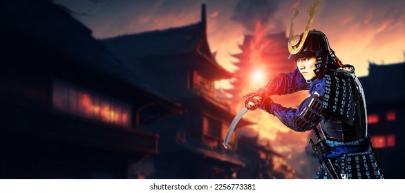 Japanese samurai fighting in castle. Wide angle visual for banners or advertisements.