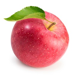 Japanese San Fuji Apple Isolated On White Background, Fresh Pink Apple With Leaf On White Background,  With Clipping Path.