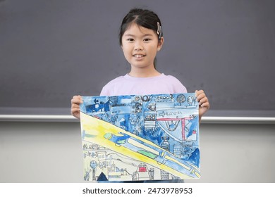 Japanese schoolgirls presenting their drawings and crafts at school. Drawing of the future around Hashimoto station. Station, flats and kids' rooms. Looking at the camera. - Powered by Shutterstock