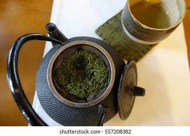 Japanese Sencha Tea Leaves In The Clay Pot