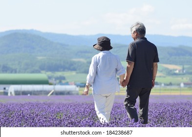 Japanese senior couple walking in the middle of a lavender field - Powered by Shutterstock