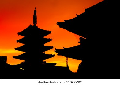Japanese Senso-ji Temple Silhouette During Sunset in Asakusa Tokyo Japan
