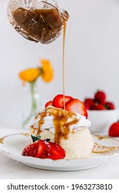 Japanese Souffle Pancakes Starwberry Whipped Cream and Maple Syrup Breakfast