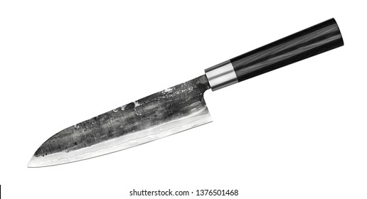 Japanese steel knife gyuto on white background. Chief knife isolated with clipping path. Top view.