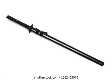 Japanese Straight Sword Steel Fitting And Black Cord With Shiny Black Scabbard On White Background.