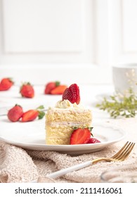 Japanese Strawberry Shortcake served in white plate with a bright background