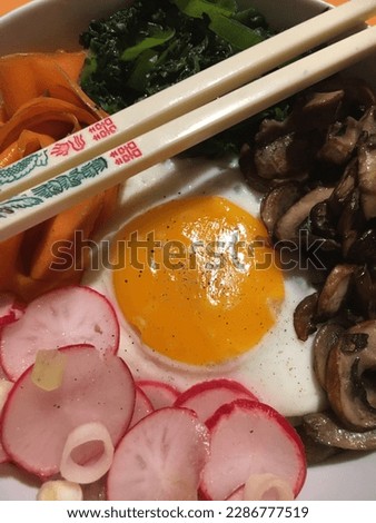Japanese style rice bowl with radishes, mushrooms, carrots, greens and a sunny side up egg.
