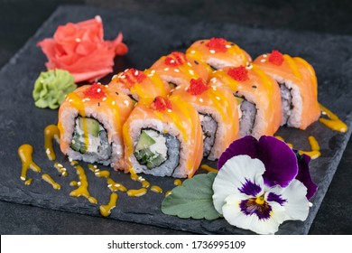 japanese sushi food. Maki ands rolls with tuna, salmon, shrimp, crab and avocado.