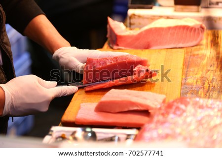 Japanese sushi food shop at Tsukiji Fish Market.