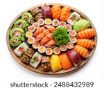 Japanese Sushi Platter, top view, isolated on white background