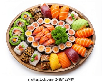 Japanese Sushi Platter, top view, isolated on white background - Powered by Shutterstock