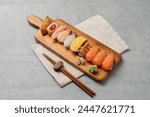 Japanese, sushi, sashimi, fish, eel, shrimp, flatfish, rockfish, salmon, sashimi rice, raw salmon, fried tofu rice, soy sauce, wasabi, egg roll, onion, flying fish egg