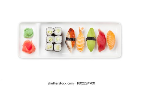 Japanese Sushi Set. Sashimi, Maki Rolls On Plate. Top View Flat Lay Isolated On White Background