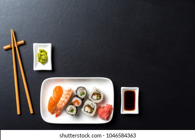 Japanese Sushi With Soy Sauce And Wasabi