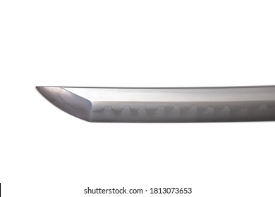 Japanische Schwertschaufel (hergestellt in China) auf weißem Hintergrund. Weiche Fokussierung Der Schmied schmiedete mehrere Falten, bis mehrere Schichten gebildet wurden. Kann deutlich auf der Oberfläche gesehen werden.
