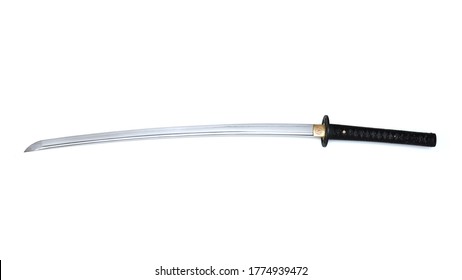 Japanisches Schwert ohne Skabard, einfarbiges Muster an der Kante, Stahlanbau, schwarzes Kabel einzeln auf weißem Hintergrund.