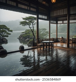 Japanese Tea House Overlooking a Misty Lake: A traditional tea house with paper walls and a view of a mist-covered lake. - Powered by Shutterstock