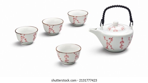 Japanese Tea Set With 4 Cups And A Teapot, Isolated