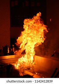 Japanese Teppanyaki Fire. Flame On Teppanyaki Grill. 