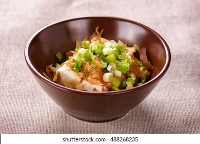 Japanese tofu with bonito flakes, soy sauce and green onion