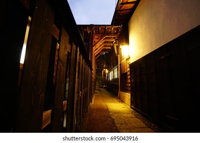 Japanese Traditional Back Alley With Porch Light At Night In Tsumago-juku