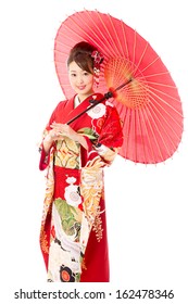 Japanese Traditional Kimono Woman On White Background