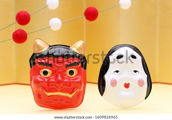 Japanese traditional Setsubun event, Masks\
of demon and okame are used on an annual\
event