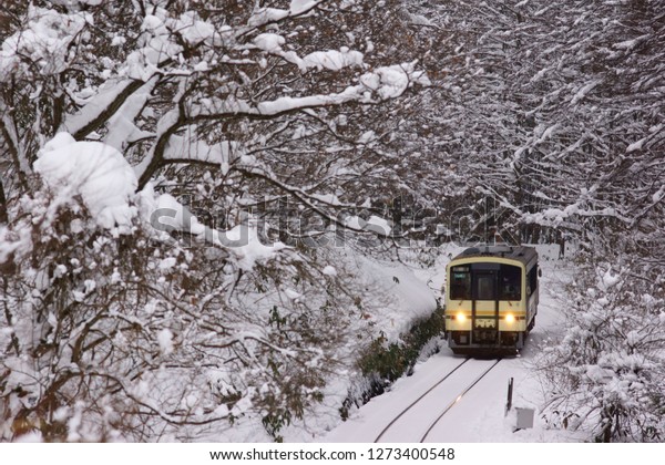 A Japanese train running in the deep snowy\
forest of Hiroshima, Japan. \