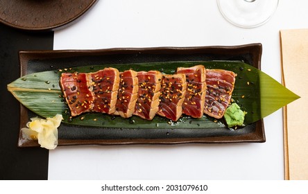 Japanese Tuna Sashimi Tataki On Green Leaf