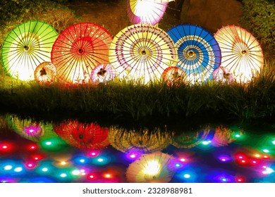 Japanese umbrellas neatly arranged and lit up