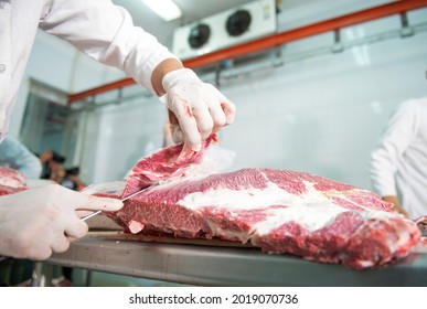 Japanese Wagyu Meat Industry A butcher cuts raw meat with a knife at a table in a slaughterhouse. Wagyu Beef in Asia - Powered by Shutterstock