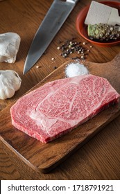 Japanese Wagyu Ribeye Beef On Wooden Cutting Board