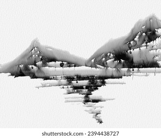 Japanese watercolor art painting with hills and lake view. Mountains above a lake hand drawn with ink in minimalist style on white background. Traditional oriental ink watercolor painting  - Powered by Shutterstock