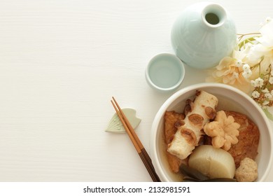 Japanese Winter Comfort Food, Oden Fish Cake Simmered Served With Japanese Sake