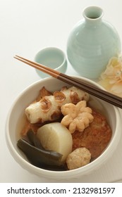 Japanese Winter Comfort Food, Oden Fish Cake Simmered Served With Japanese Sake