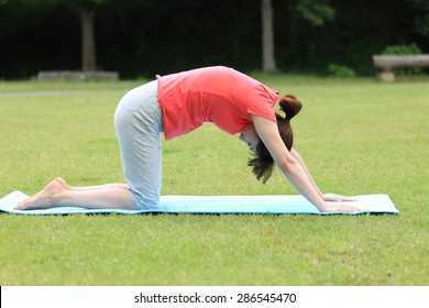 Japanese Woman Doing Yoga Cat Pose